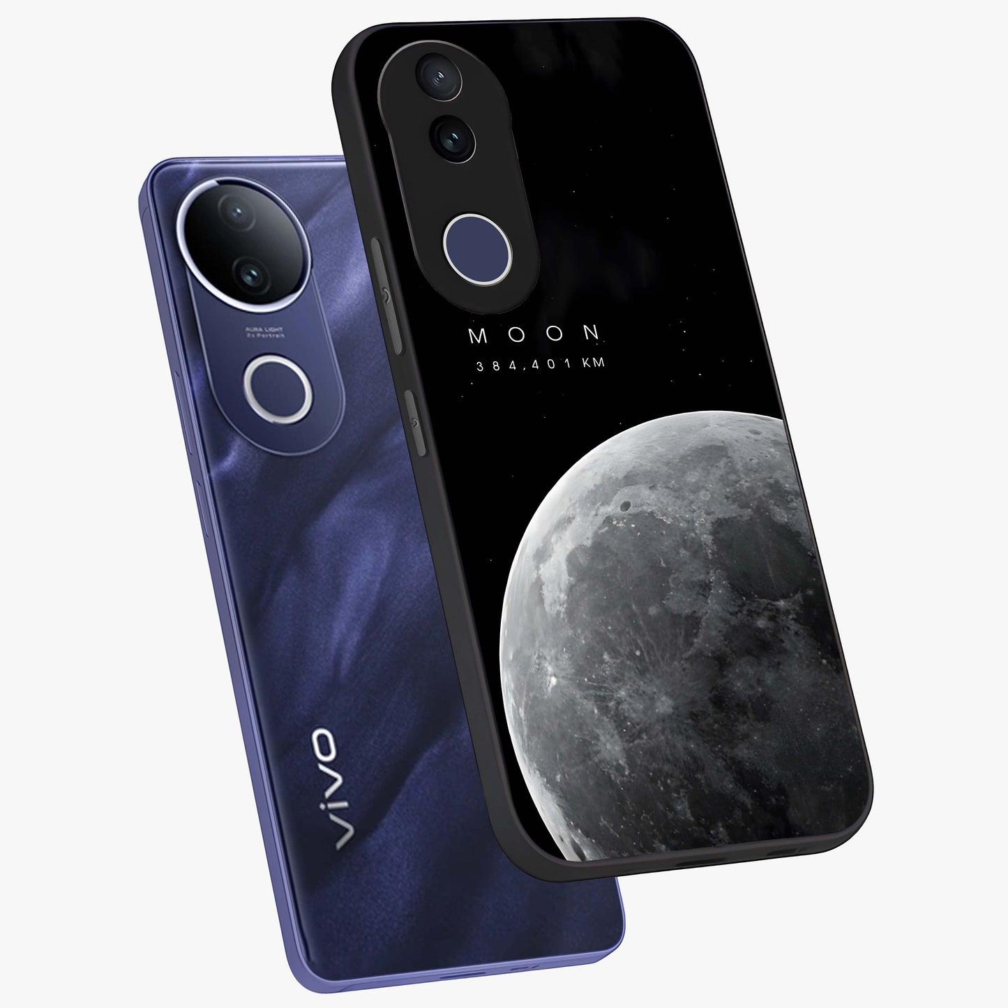 Cosmic Moon Glow Glass Case displayed in angled mockup highlighting celestial moon design with cosmic aesthetic theme.