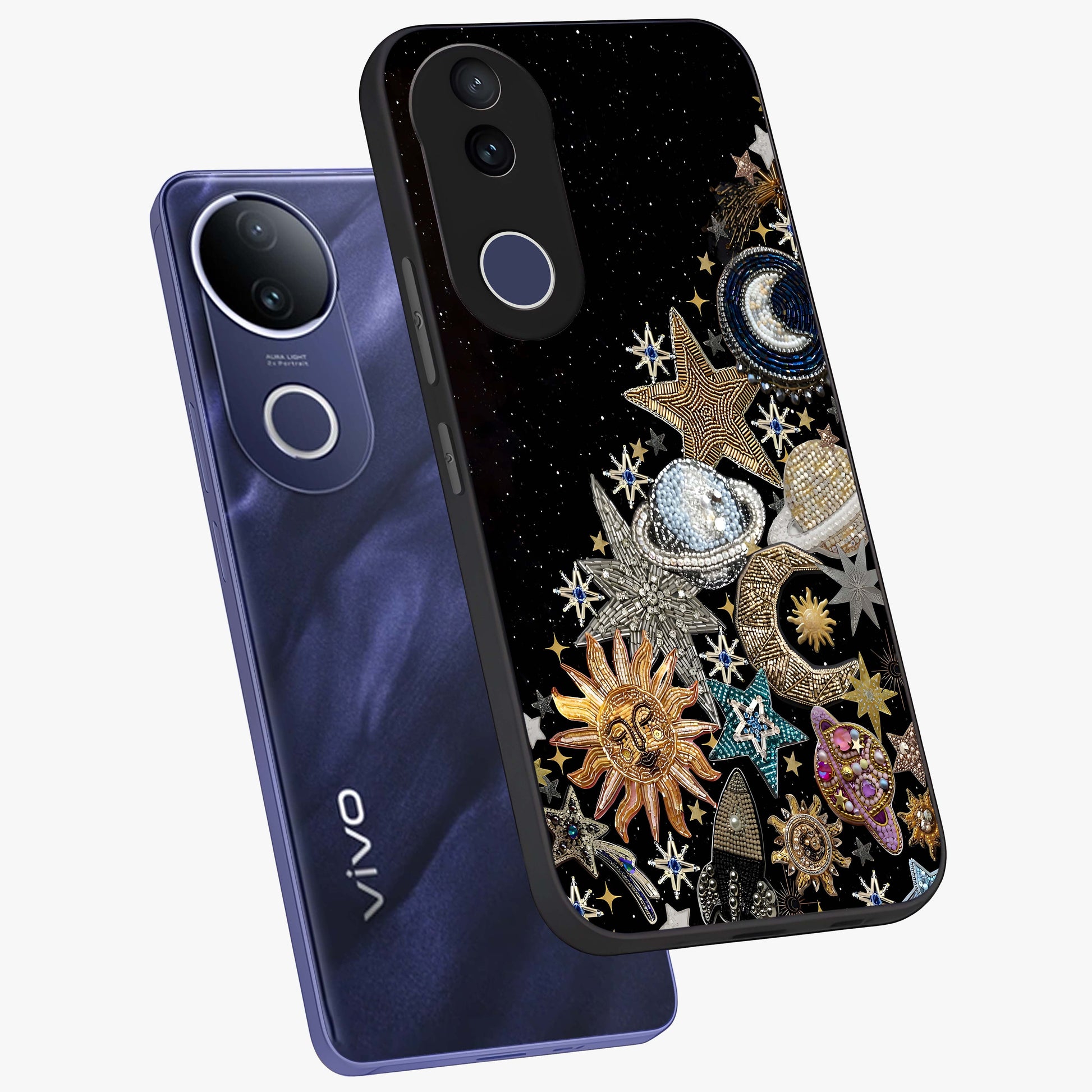 Cosmic Sparkle Dreams Glass Case displayed in angled mockup highlighting dreamy star sparkle design with celestial aesthetic.