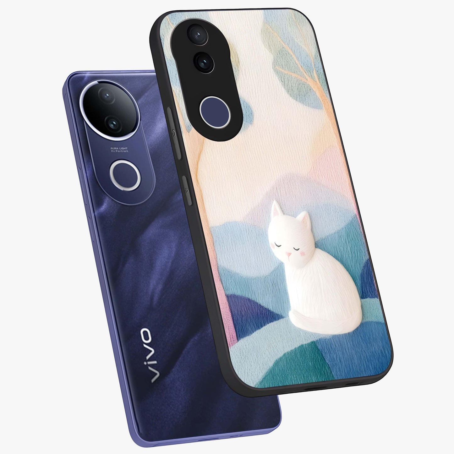 Cotton Dream Cat Glass Case displayed in angled mockup highlighting cute feline illustration with pastel aesthetic style.