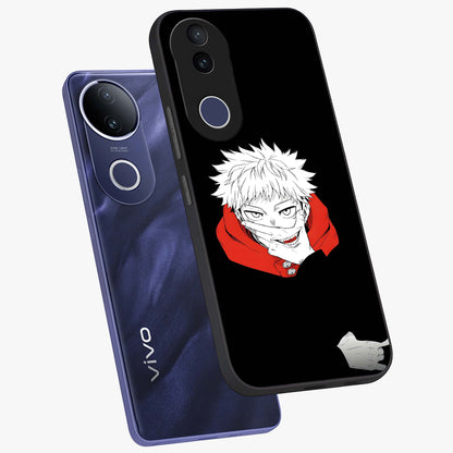 Crimson Chaos Smile Glass Case displayed in angled mockup highlighting edgy crimson smile design with graphic aesthetic.