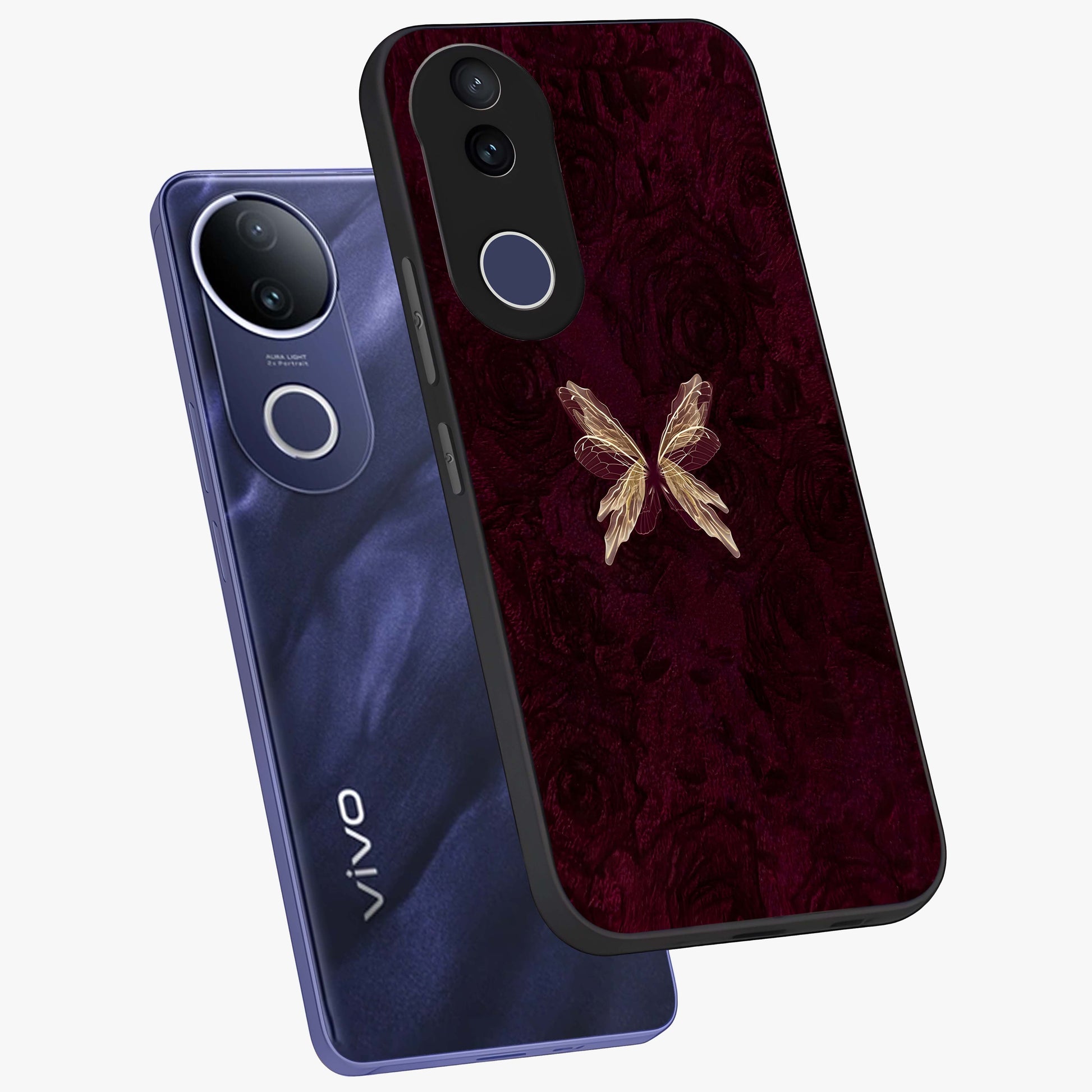 Crimson Fade Butterfly Glass Case displayed in angled mockup highlighting elegant butterfly design with crimson gradient aesthetic.