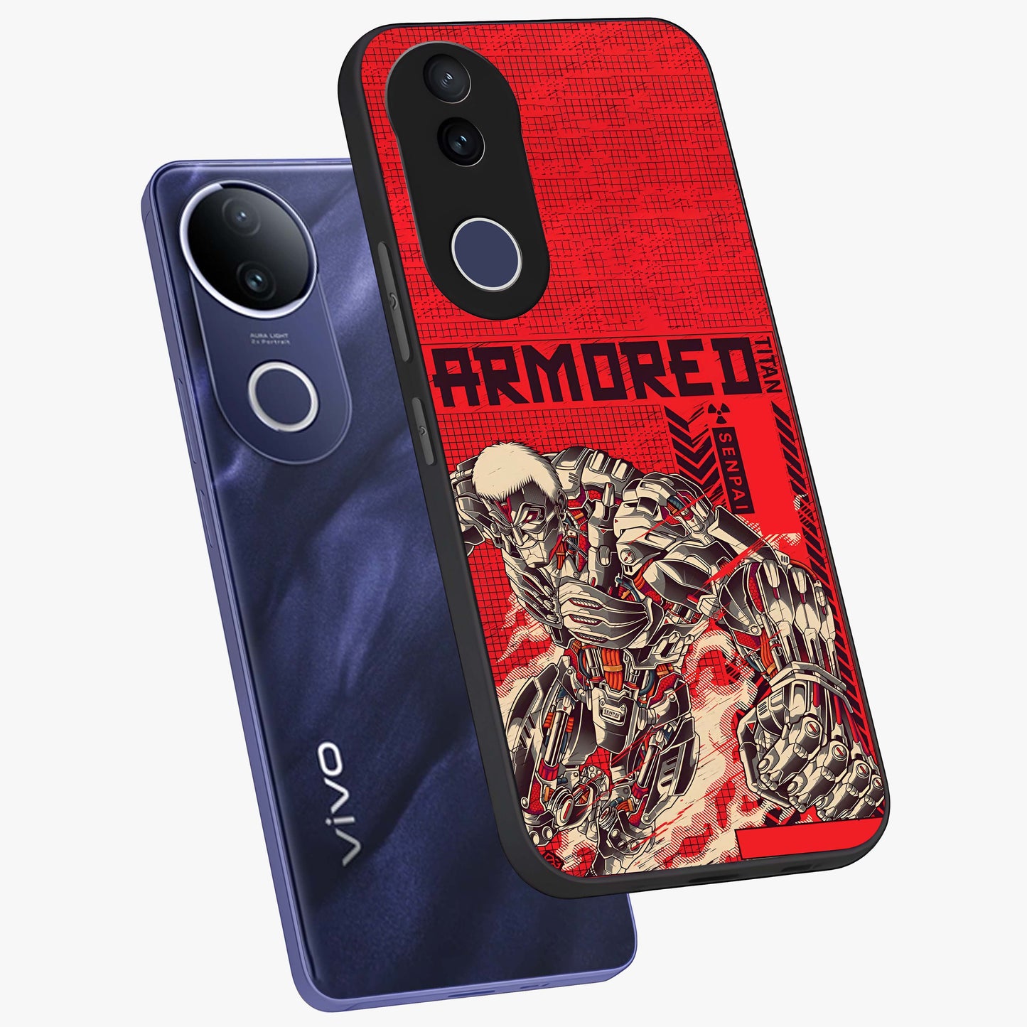 Crimson Mecha Titan Glass Case displayed in angled mockup highlighting futuristic mech illustration with bold crimson aesthetic.