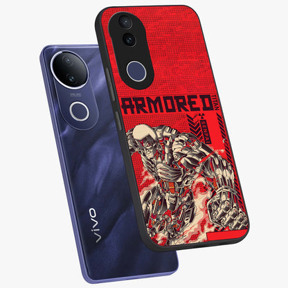 Crimson Mecha Titan Glass Case displayed in angled mockup highlighting futuristic mech illustration with bold crimson aesthetic.