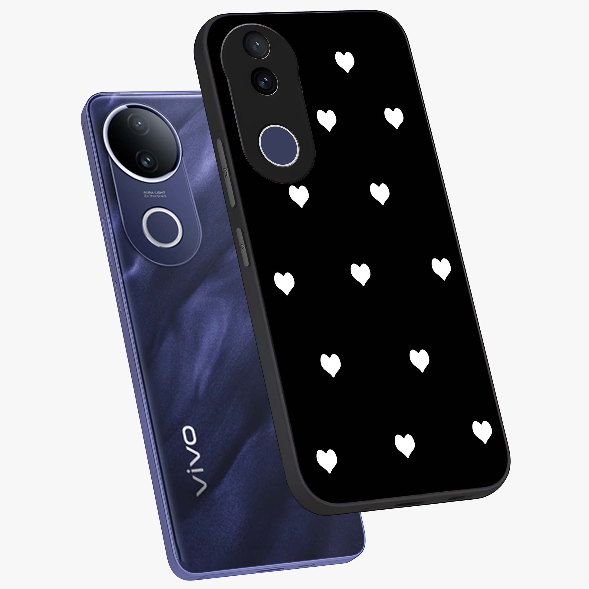 Cute And Simple White Hearts Glass Case displayed in angled mockup highlighting cute heart design with clean aesthetic style.