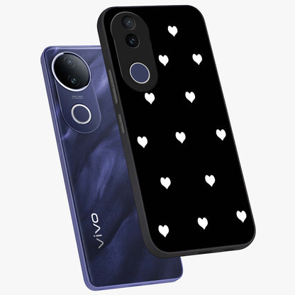 Cute And Simple White Hearts Glass Case displayed in angled mockup highlighting cute heart design with clean aesthetic style.