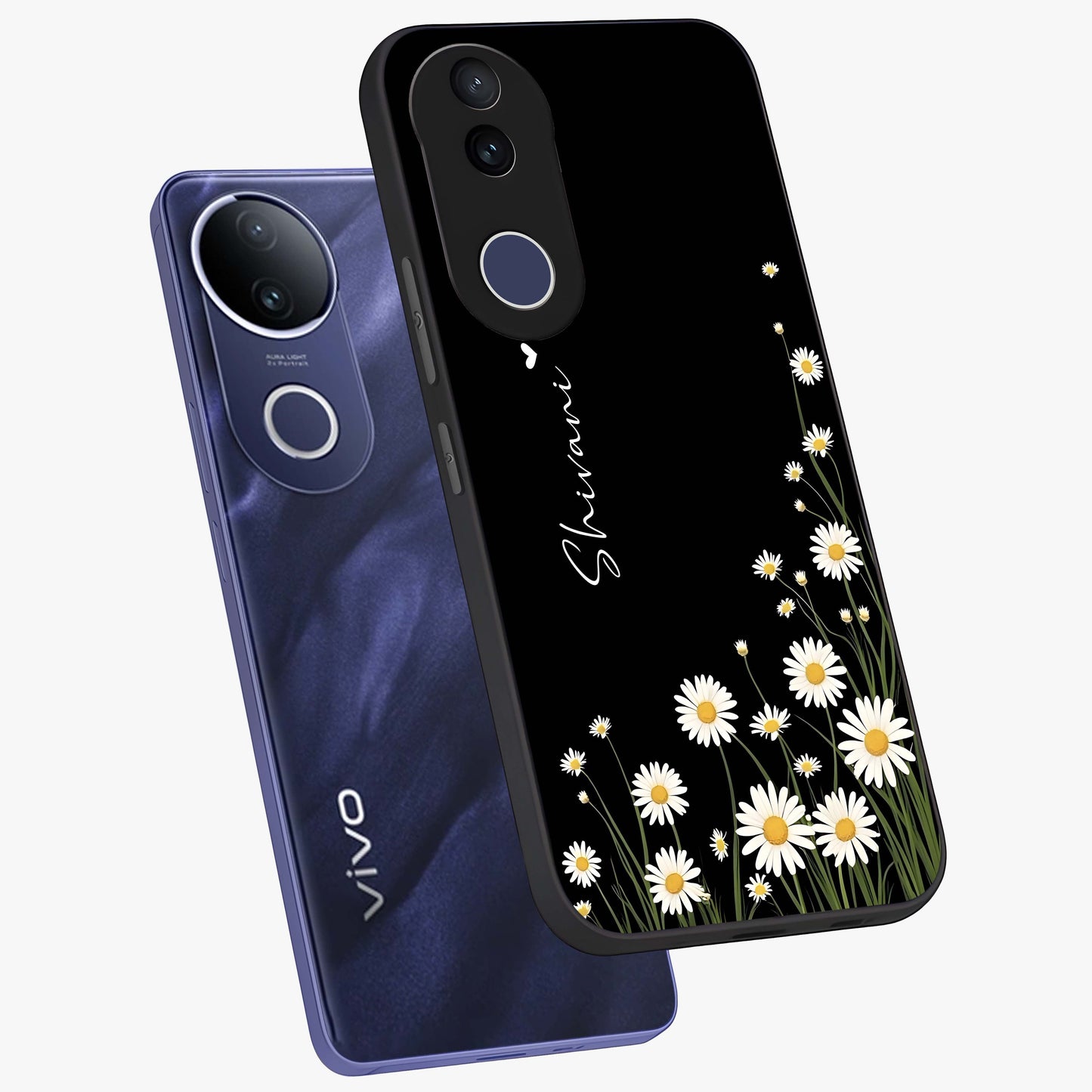 Daisy Cascade Custom Name Glass Case displayed in angled mockup highlighting delicate daisy artwork with custom name feature.