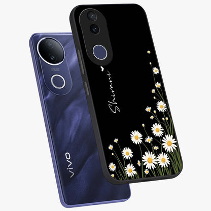 Daisy Cascade Custom Name Glass Case displayed in angled mockup highlighting delicate daisy artwork with custom name feature.