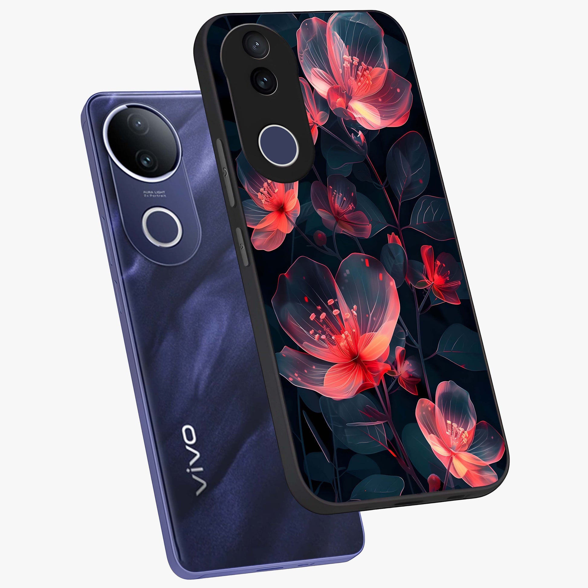 Dark Shade of Flower Glass Case displayed in angled mockup highlighting moody floral illustration with aesthetic dark tones.