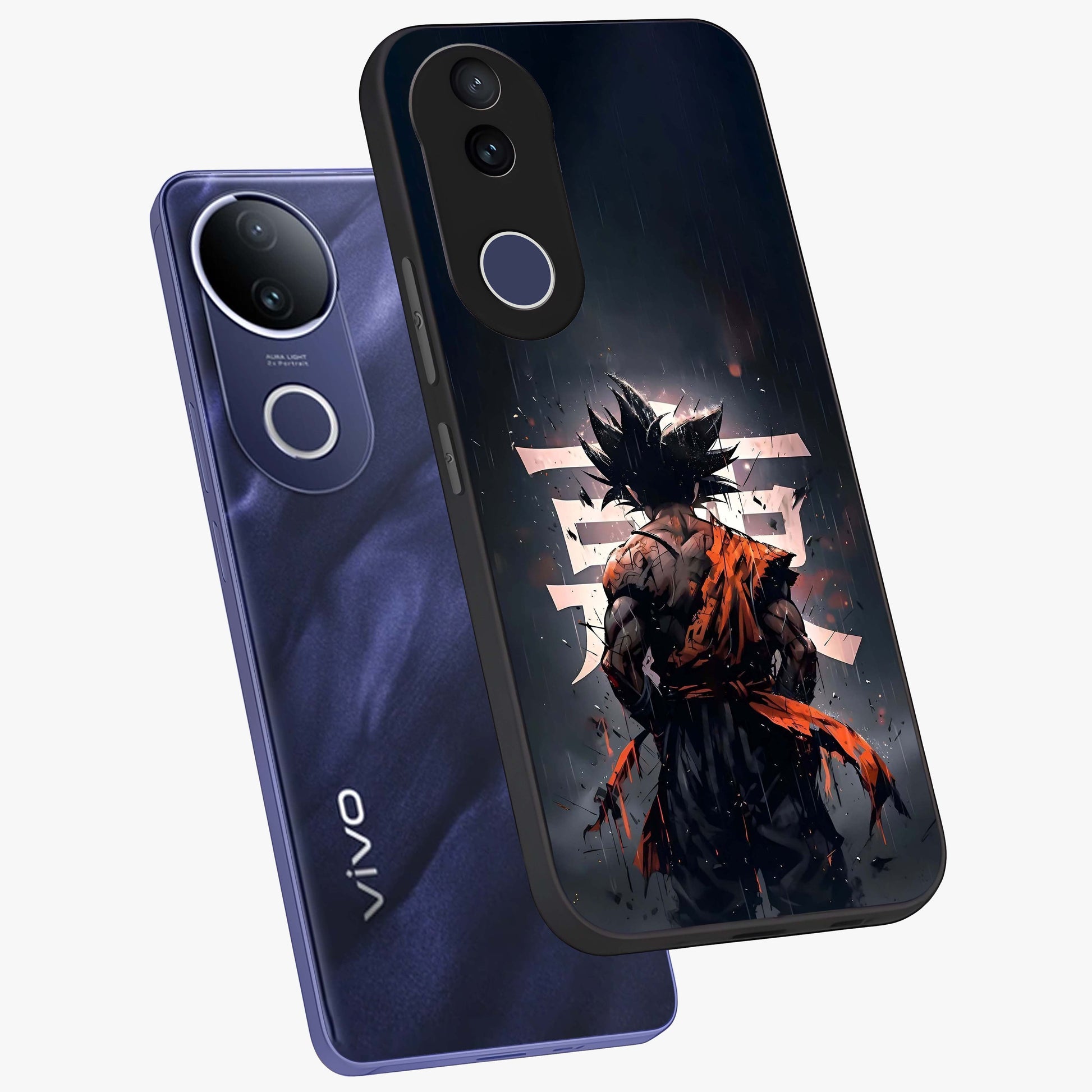 Dark Warrior In Rain Glass Case displayed in angled mockup highlighting dramatic warrior illustration with dark rain aesthetic.