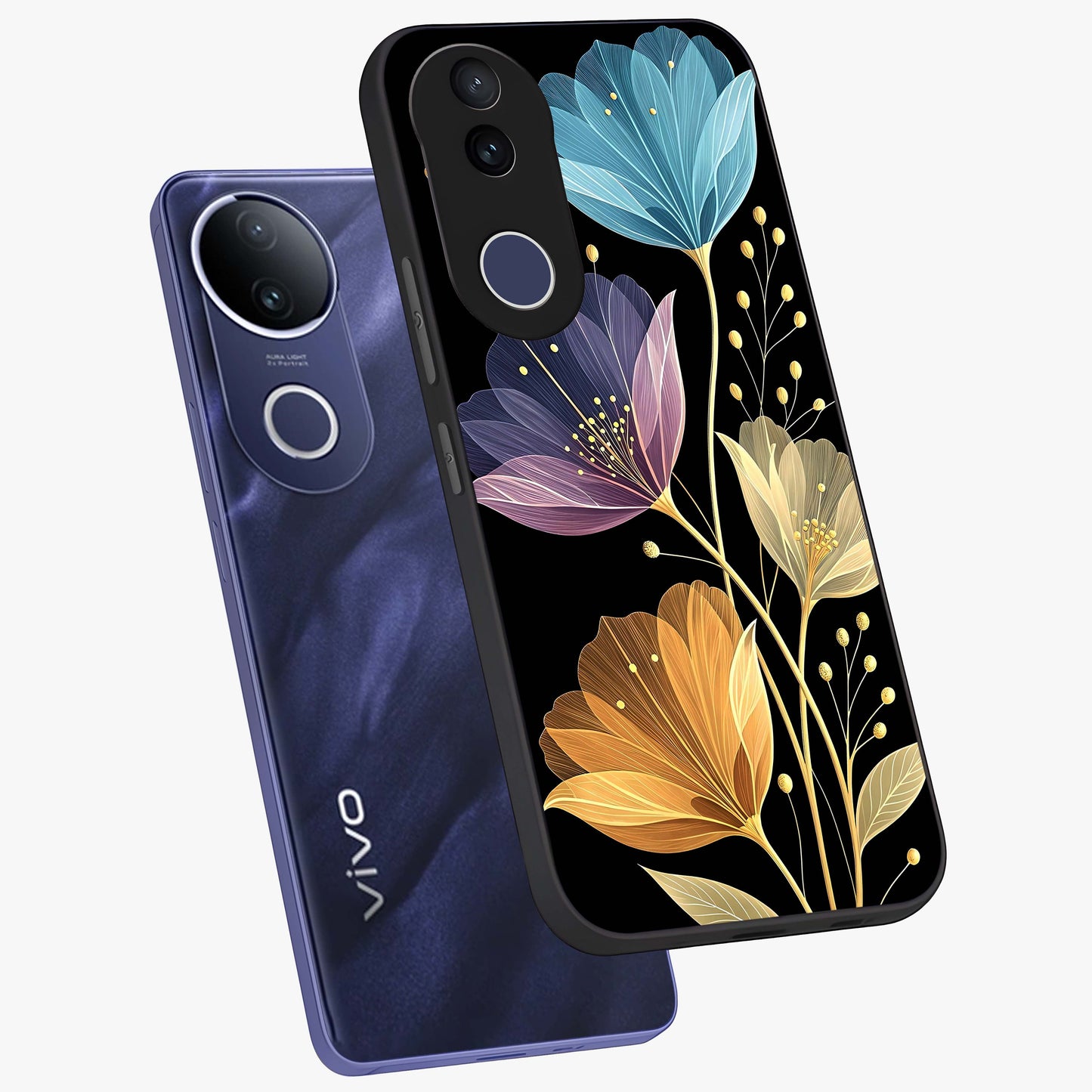 Delicate Multicolor Flowers Glass Case displayed in angled mockup highlighting colorful flower pattern with soft aesthetic style.