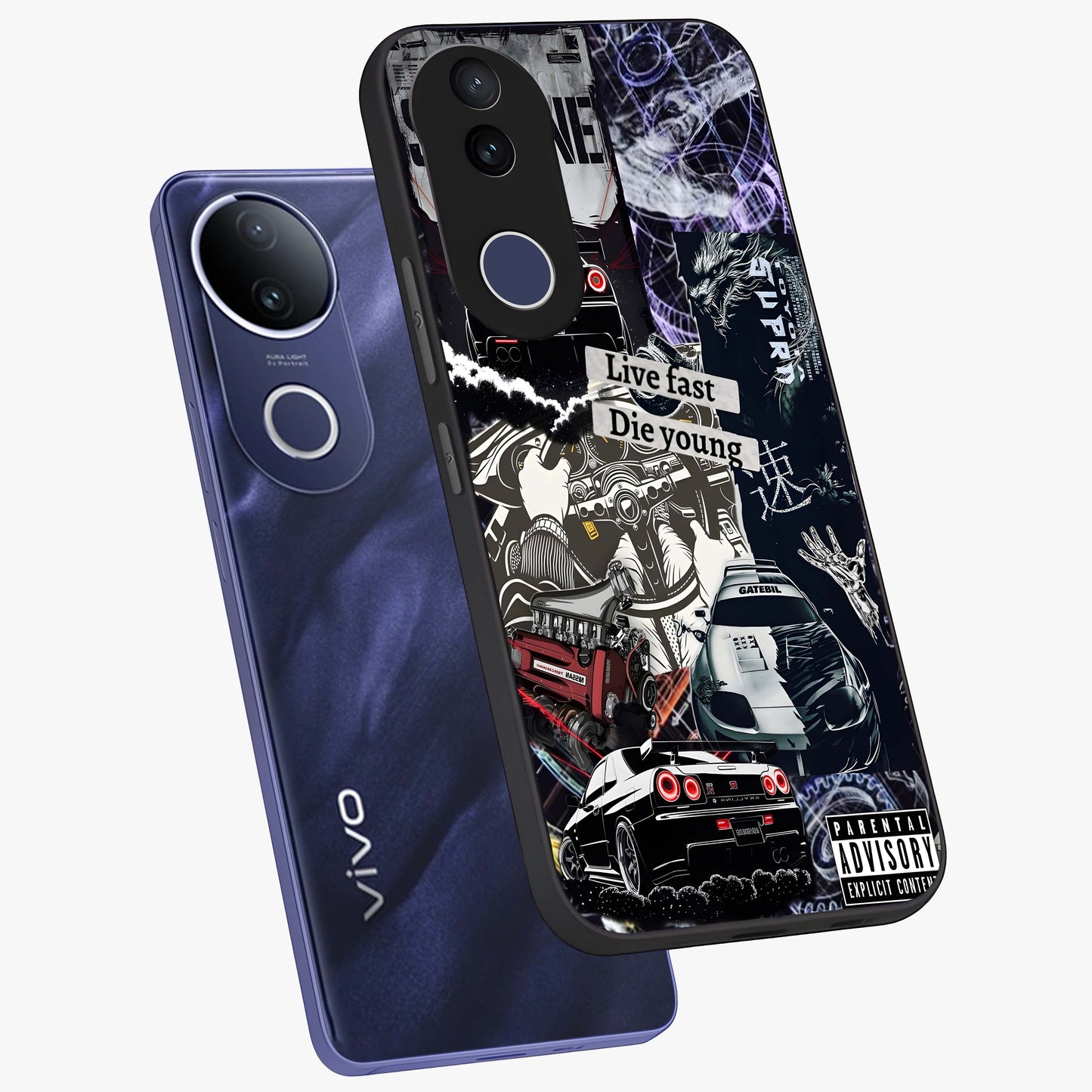Die Young Glass Case displayed in angled mockup highlighting expressive graphic artwork with edgy aesthetic style.