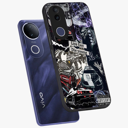 Die Young Glass Case displayed in angled mockup highlighting expressive graphic artwork with edgy aesthetic style.
