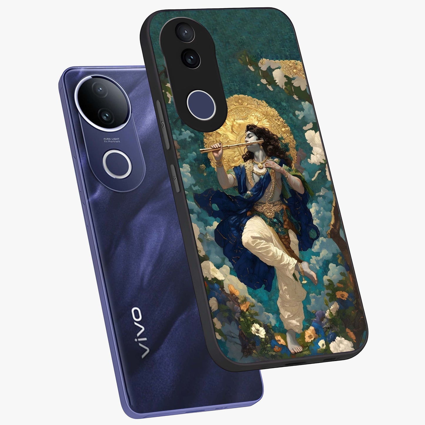 Divine Krishna Art Glass Case displayed in angled mockup highlighting spiritual Krishna illustration with devotional aesthetic.