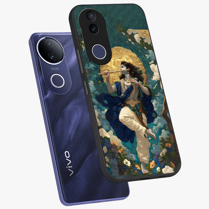 Divine Krishna Art Glass Case displayed in angled mockup highlighting spiritual Krishna illustration with devotional aesthetic.