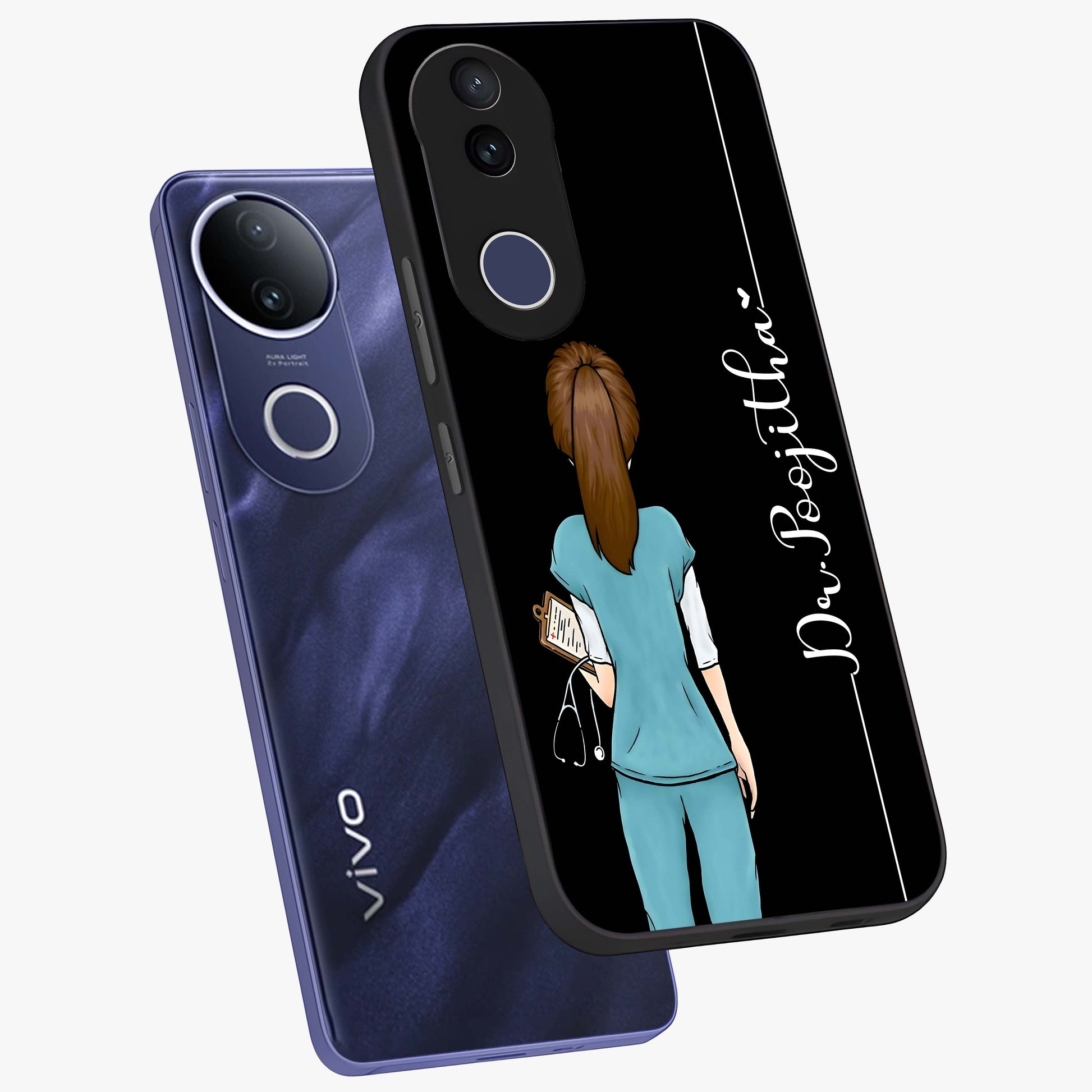 Doctor Pattern Custom Name Glass Case displayed in angled mockup highlighting doctor inspired artwork with custom name feature.