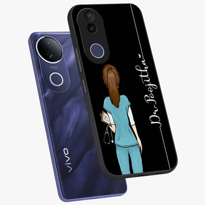 Doctor Pattern Custom Name Glass Case displayed in angled mockup highlighting doctor inspired artwork with custom name feature.