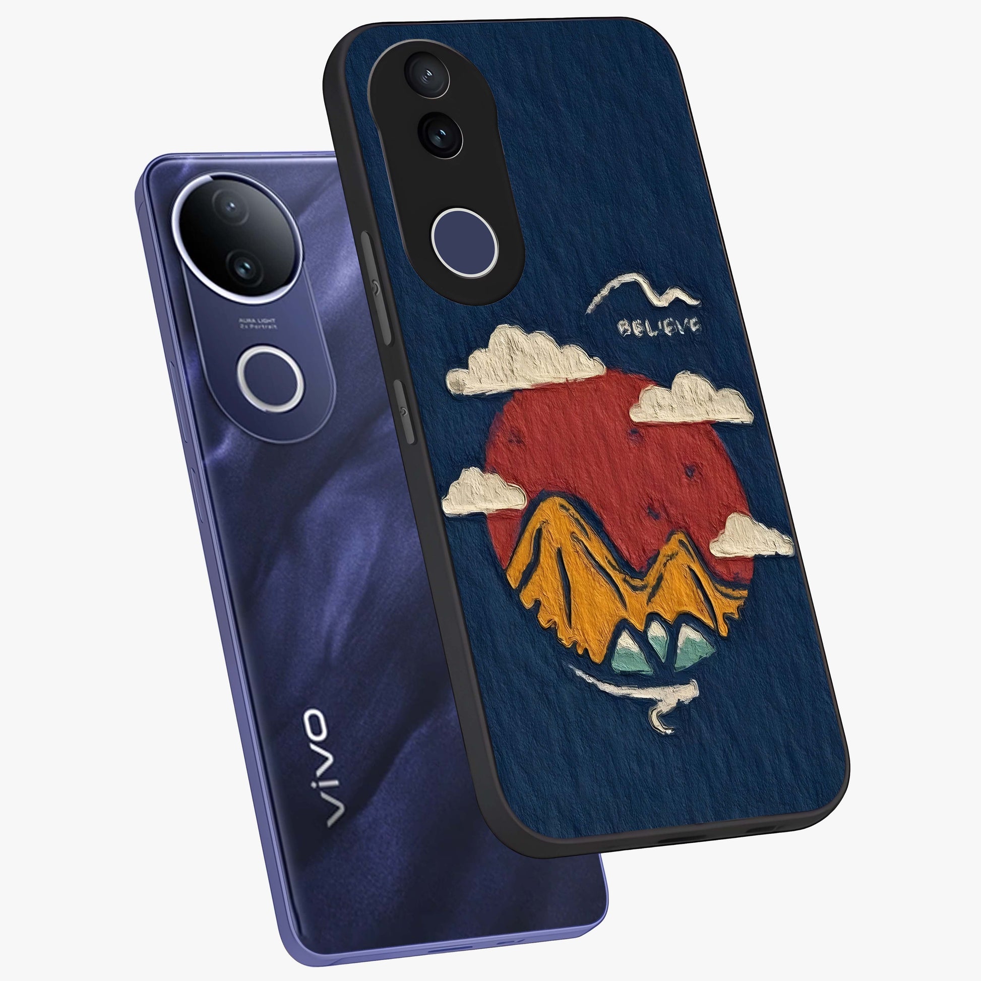 Dream Beyond Mountains Glass Case displayed in angled mockup highlighting dreamy mountain illustration with peaceful aesthetic.