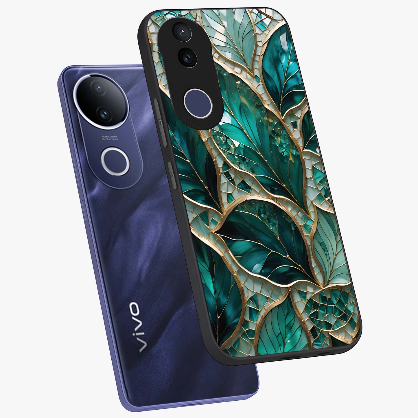 Emerald Leaf Glass Glass Case displayed in angled mockup highlighting botanical leaf illustration with elegant natural aesthetic.