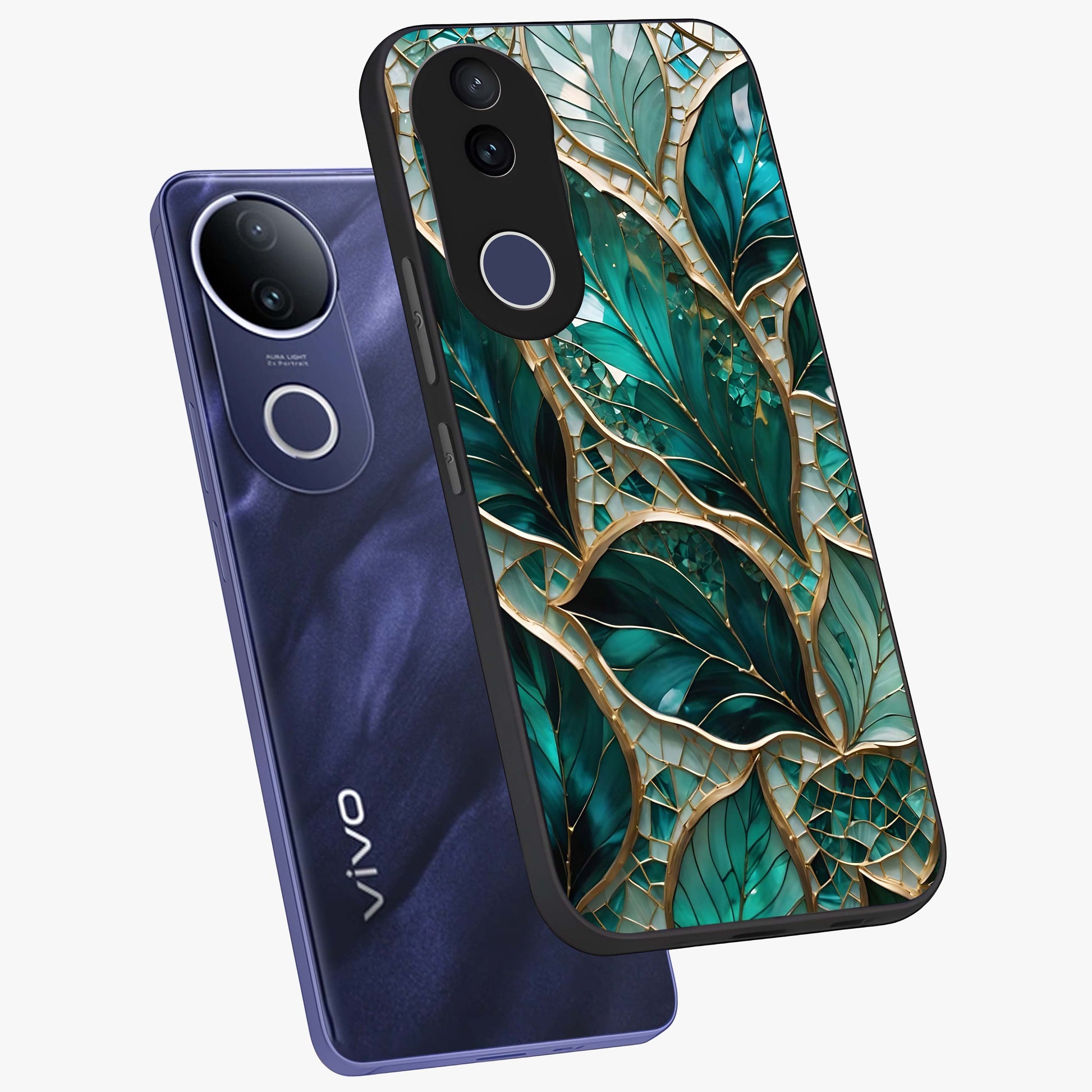 Emerald Leaf Glass Glass Case displayed in angled mockup highlighting botanical leaf illustration with elegant natural aesthetic.