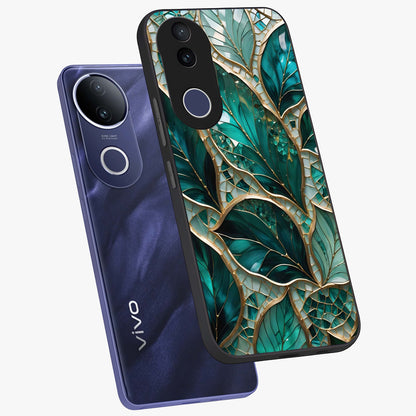 Emerald Leaf Glass Glass Case displayed in angled mockup highlighting botanical leaf illustration with elegant natural aesthetic.