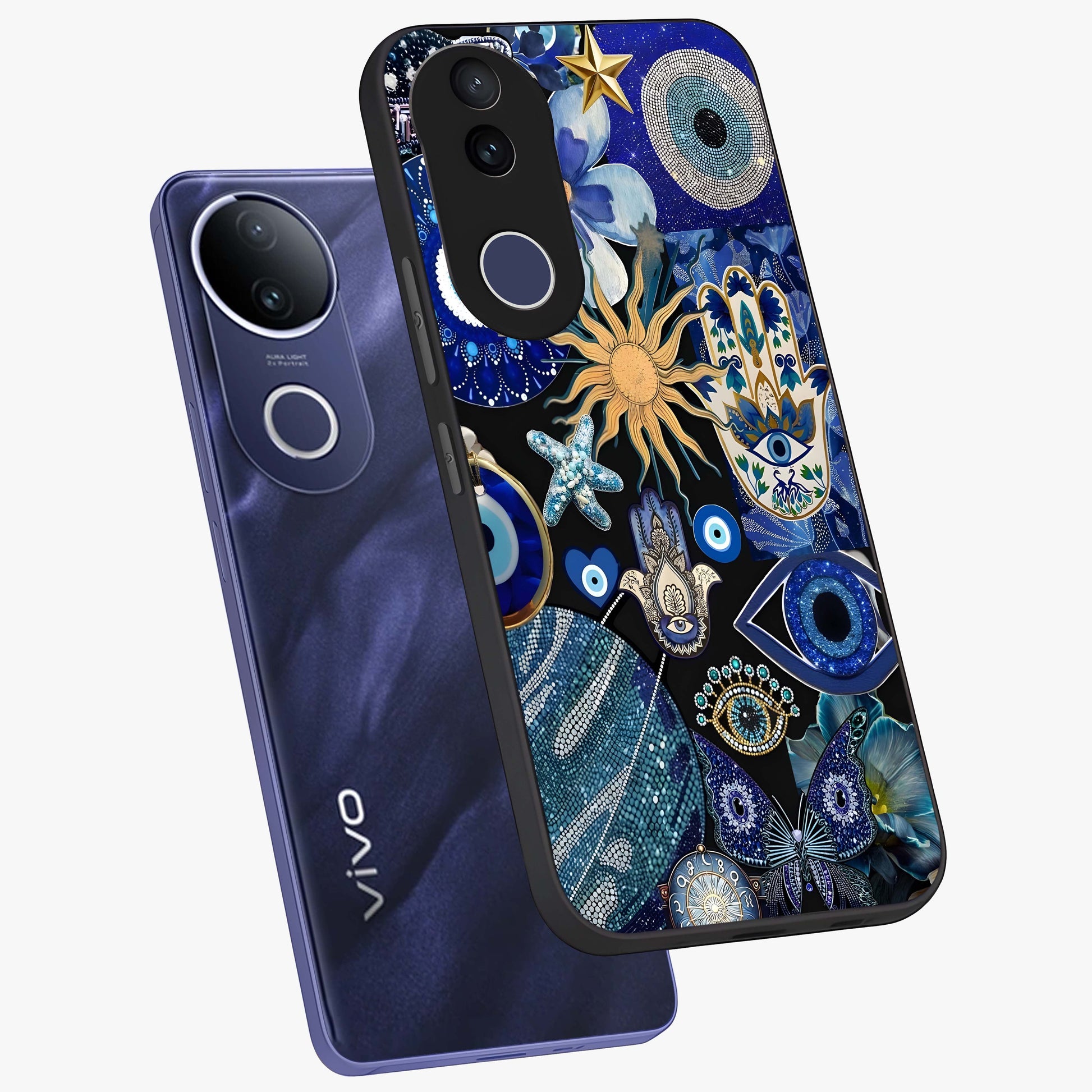 Evil Eye Charm Mix Glass Case displayed in angled mockup highlighting protective evil eye symbols with spiritual aesthetic design.