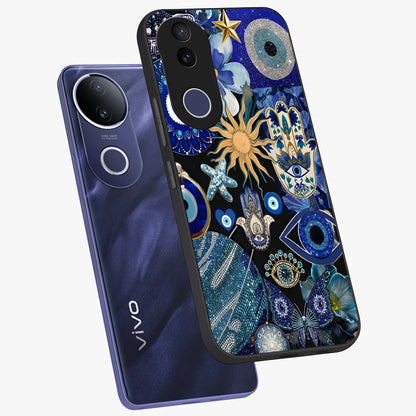 Evil Eye Charm Mix Glass Case displayed in angled mockup highlighting protective evil eye symbols with spiritual aesthetic design.