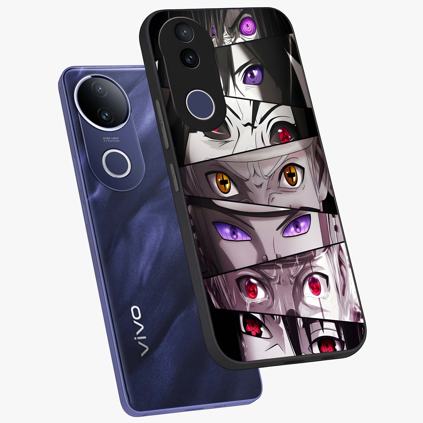Eyes of Destiny Glass Case displayed in angled mockup highlighting bold eye illustration with mystical aesthetic style.