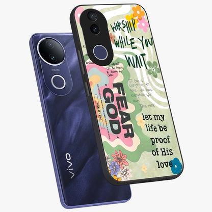 Faith Over Fear Glass Case displayed in angled mockup highlighting inspirational message design with modern aesthetic style.