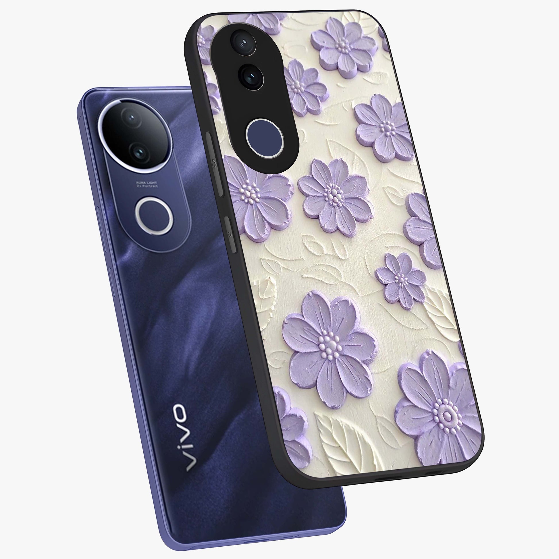 Floral Wall Art With Purple Flowers Glass Case displayed in angled mockup highlighting vibrant purple floral illustration with artistic aesthetic.