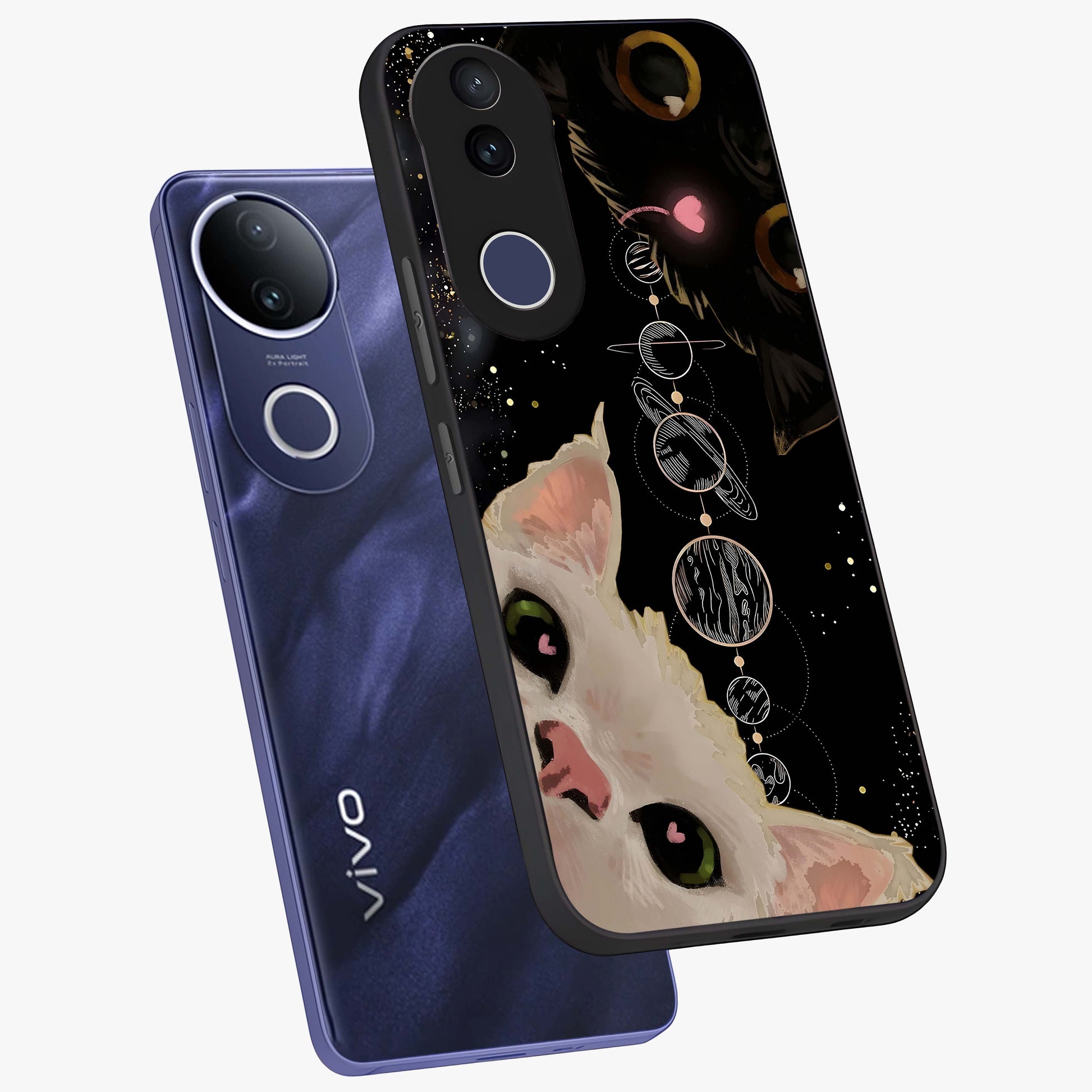 Galactic Cat Glass Case displayed in angled mockup highlighting celestial feline illustration with galaxy aesthetic style.