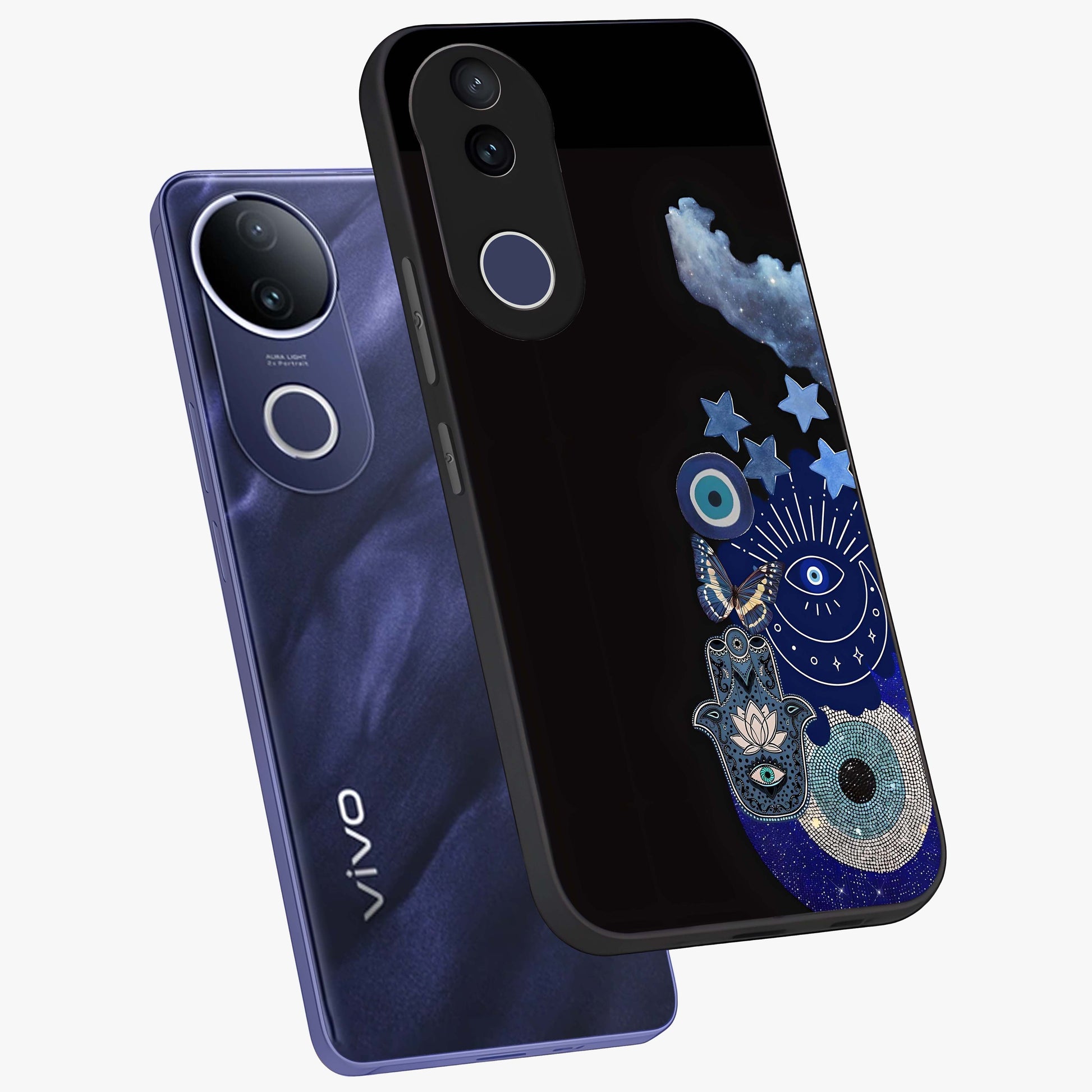 Galactic Charm Cluster Glass Case displayed in angled mockup highlighting luminous galaxy inspired design with dreamy aesthetic.