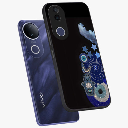 Galactic Charm Cluster Glass Case displayed in angled mockup highlighting luminous galaxy inspired design with dreamy aesthetic.
