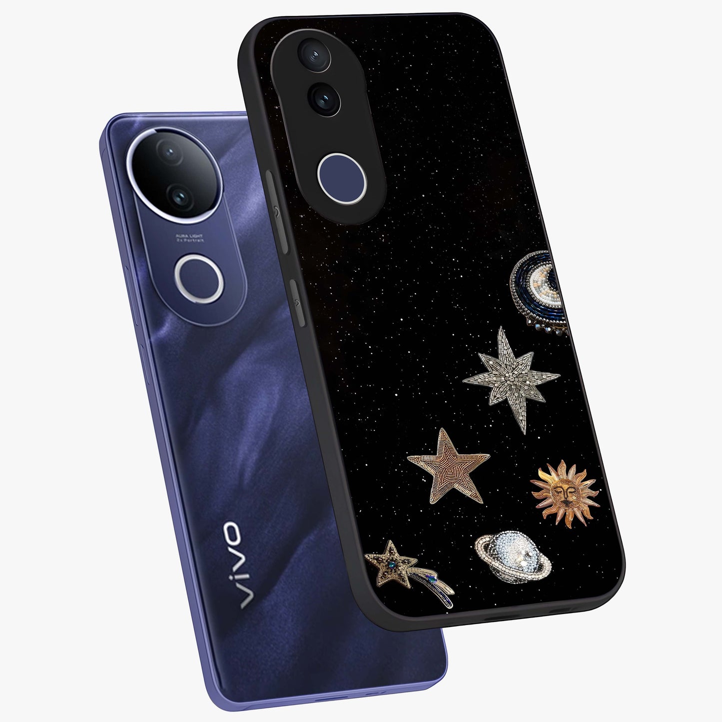 Galactic Charm Glow Glass Case displayed in angled mockup highlighting luminous galaxy inspired design with dreamy aesthetic.