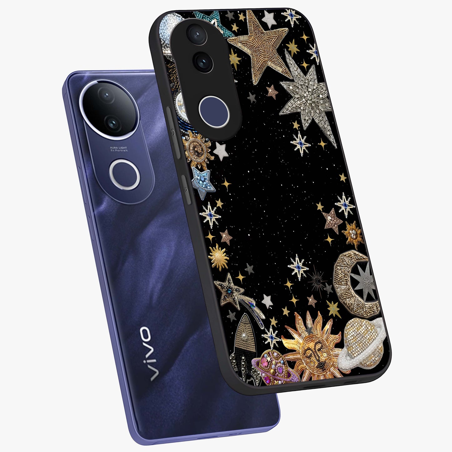 Galactic Jewel Stars Glass Case displayed in angled mockup highlighting shining celestial star design with cosmic aesthetic style.