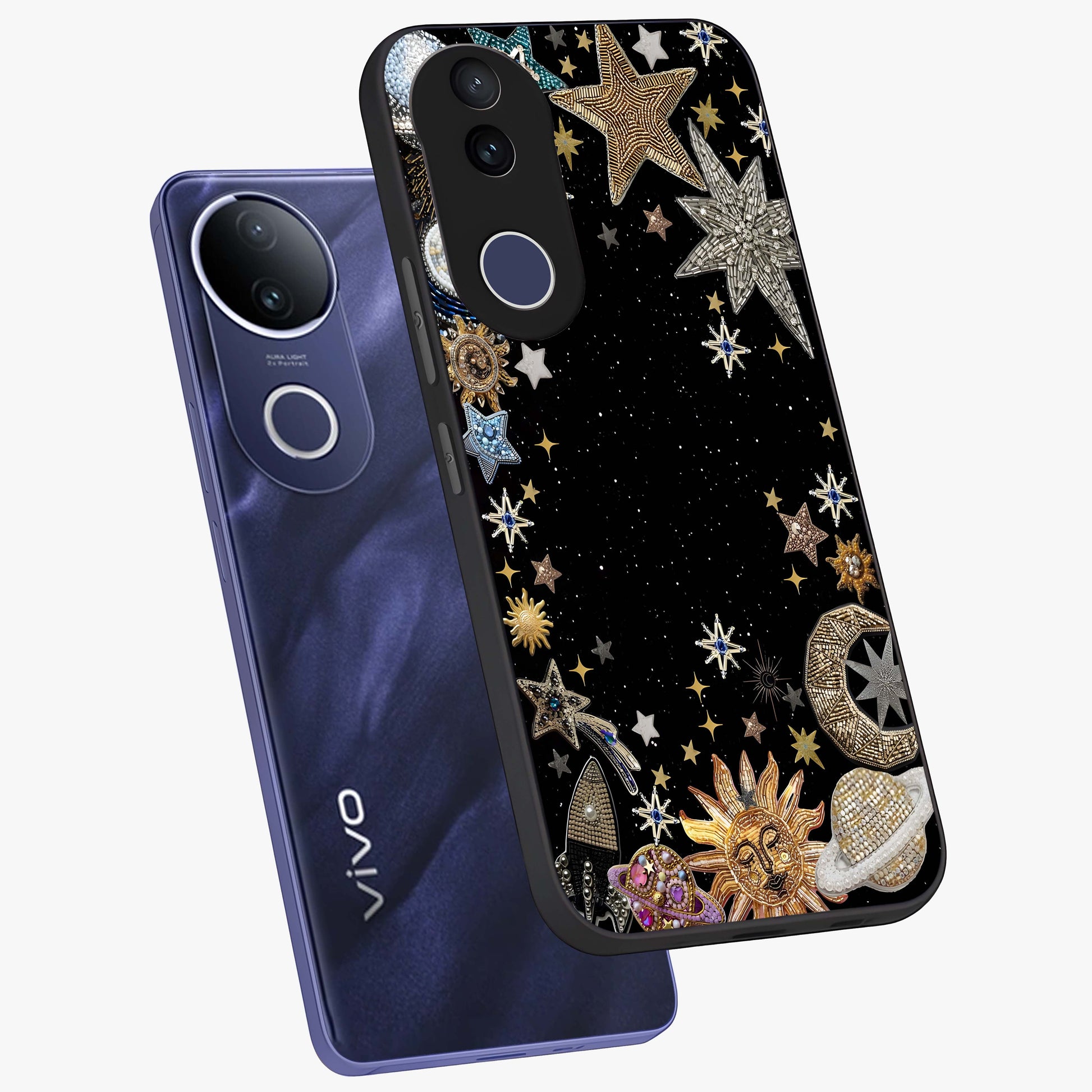 Galactic Jewel Stars Glass Case displayed in angled mockup highlighting shining celestial star design with cosmic aesthetic style.
