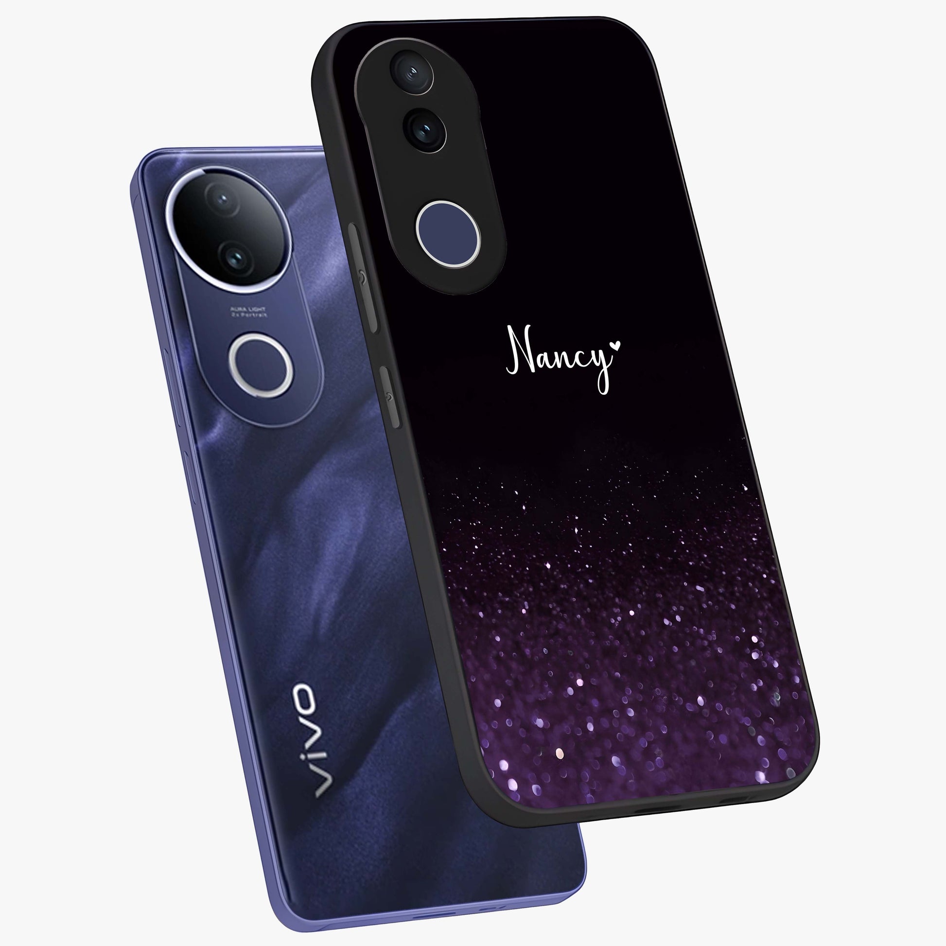 Glittery Purple Bokeh Custom Name Glass Case displayed in angled mockup highlighting glitter bokeh pattern with custom name feature.