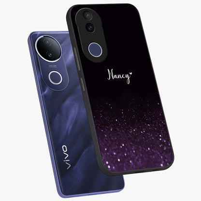 Glittery Purple Bokeh Custom Name Glass Case displayed in angled mockup highlighting glitter bokeh pattern with custom name feature.