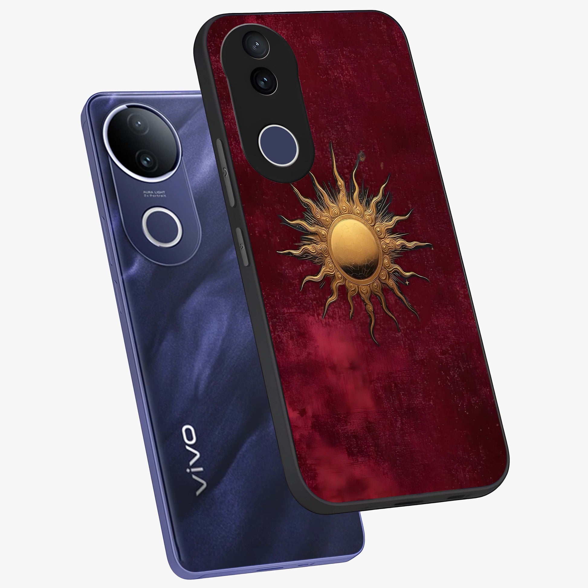 Golden Sun Minimalism Glass Case displayed in angled mockup highlighting clean sun symbol design with modern minimal aesthetic.