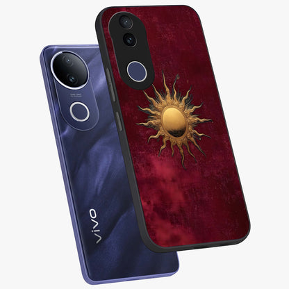 Golden Sun Minimalism Glass Case displayed in angled mockup highlighting clean sun symbol design with modern minimal aesthetic.