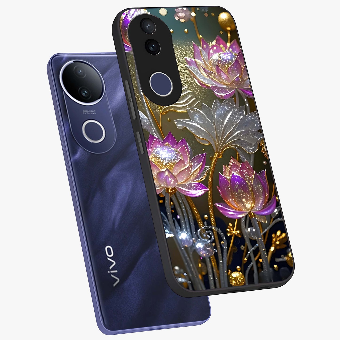 Golden Floral Majesty Glass Case displayed in angled mockup highlighting elegant flower design with royal golden aesthetic.