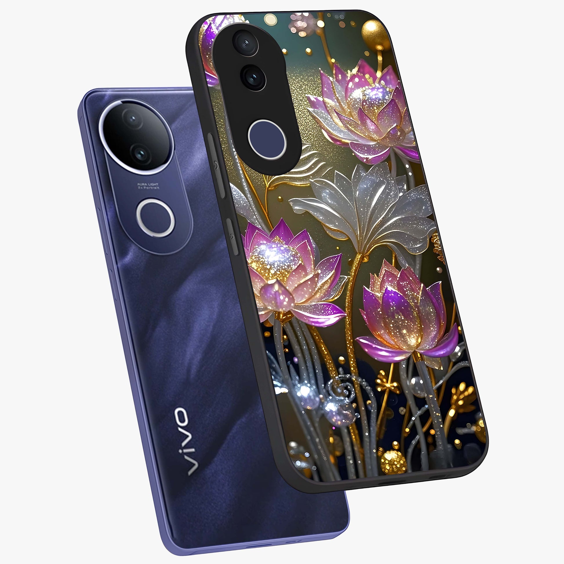 Golden Floral Majesty Glass Case displayed in angled mockup highlighting elegant flower design with royal golden aesthetic.