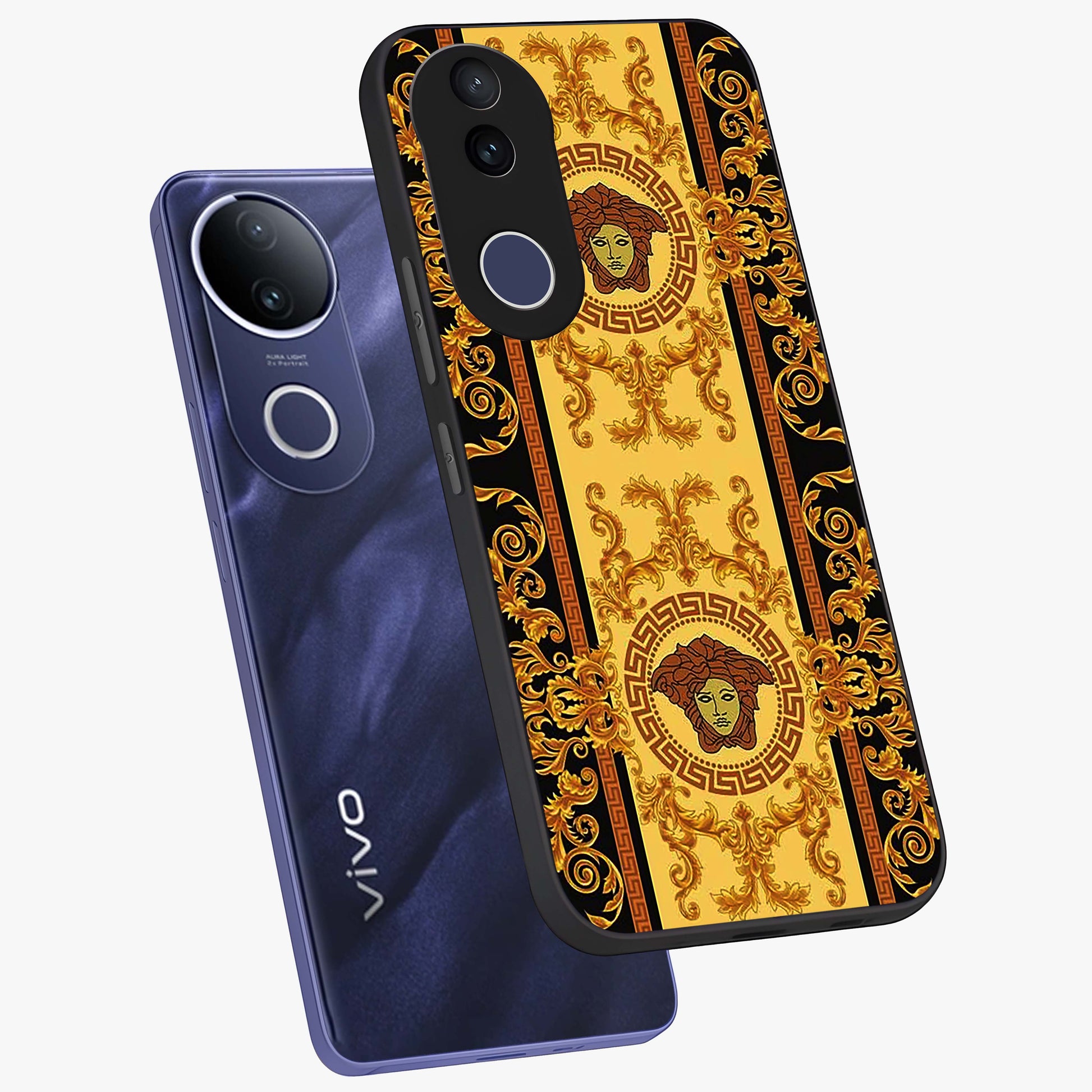 Golden Lotus Glow Glass Case displayed in angled mockup highlighting radiant lotus illustration with spiritual aesthetic.