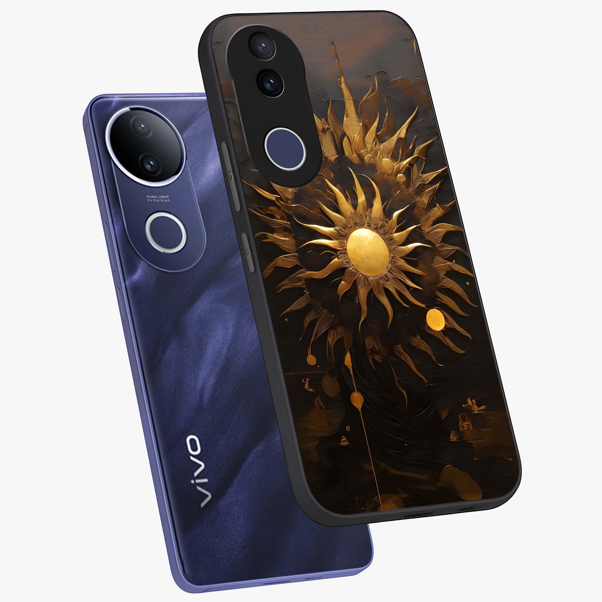 Golden Sun Majesty Glass Case displayed in angled mockup highlighting eerie shadow illustration with gothic aesthetic.