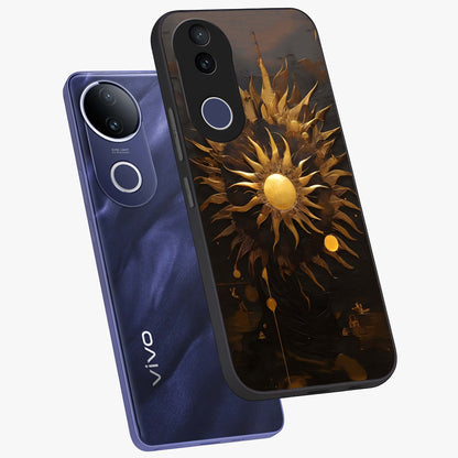 Golden Sun Majesty Glass Case displayed in angled mockup highlighting eerie shadow illustration with gothic aesthetic.