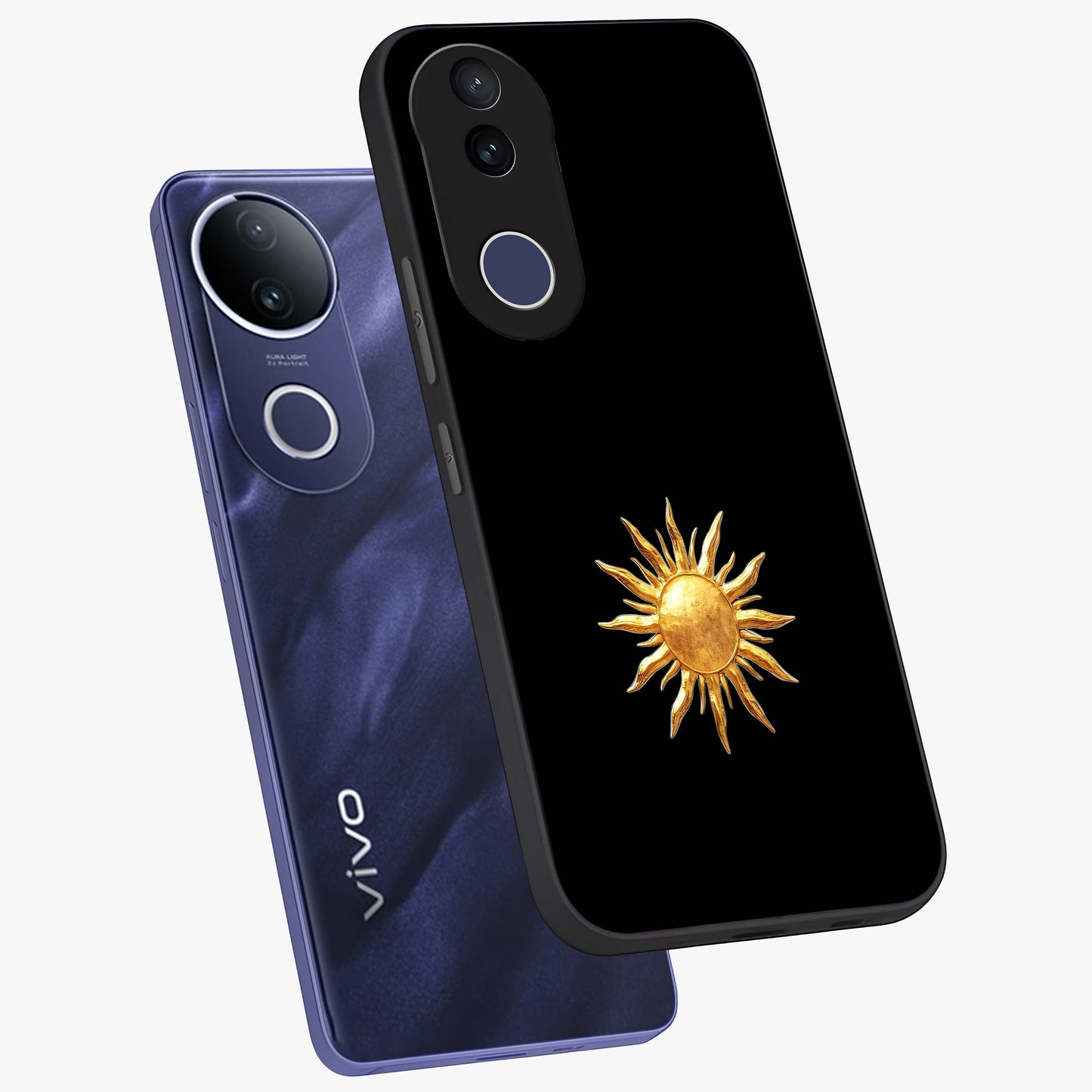 Golden Sun Minimalism Glass Case displayed in angled mockup highlighting eerie shadow illustration with gothic aesthetic.