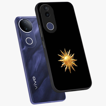 Golden Sun Minimalism Glass Case displayed in angled mockup highlighting eerie shadow illustration with gothic aesthetic.