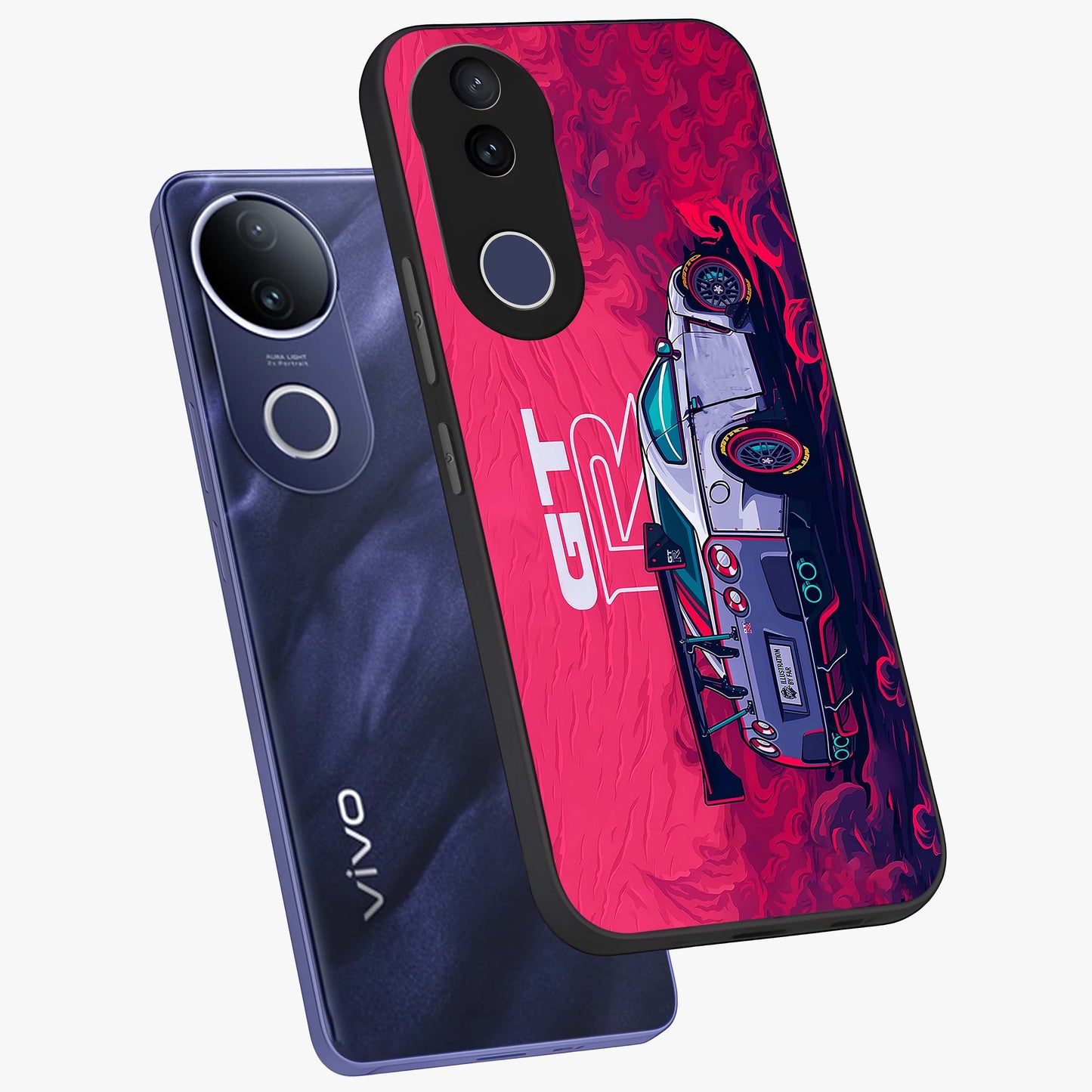 GT-R Car Pattern Glass Case displayed in angled mockup highlighting racing car graphic design with bold automotive aesthetic.