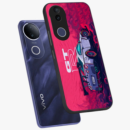 GT-R Car Pattern Glass Case displayed in angled mockup highlighting racing car graphic design with bold automotive aesthetic.
