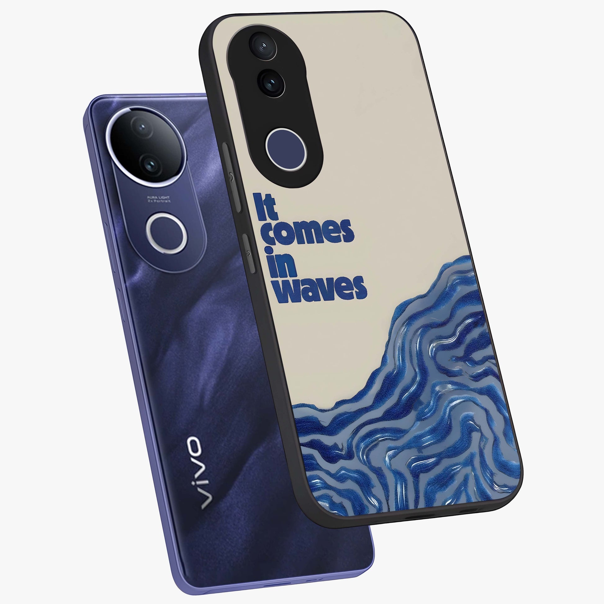 It Comes In Waves Quote Glass Case displayed in angled mockup highlighting ocean wave typography design with aesthetic style.