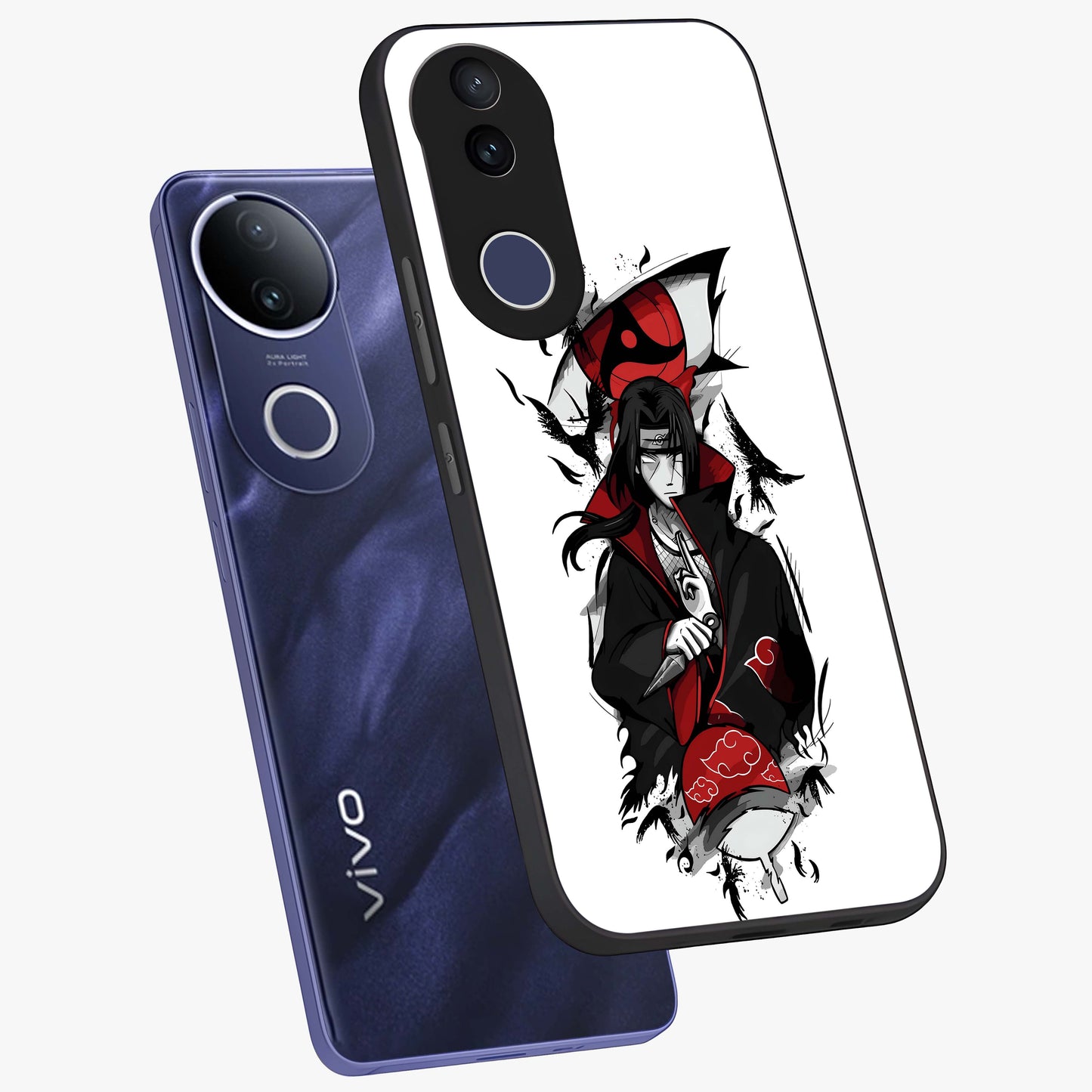 Itachi Sharingan Glass Case displayed in angled mockup highlighting striking sharingan eye design with dramatic anime aesthetic.